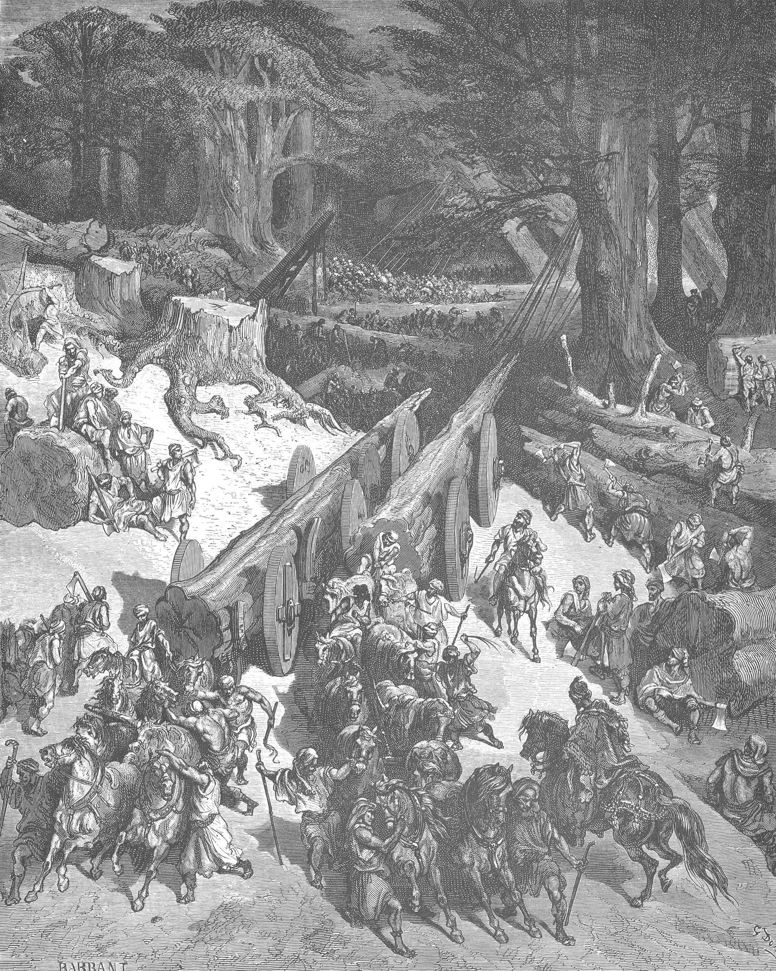 Engraving of workmen felling and hauling cedars of Lebanon for King Solomon's Temple