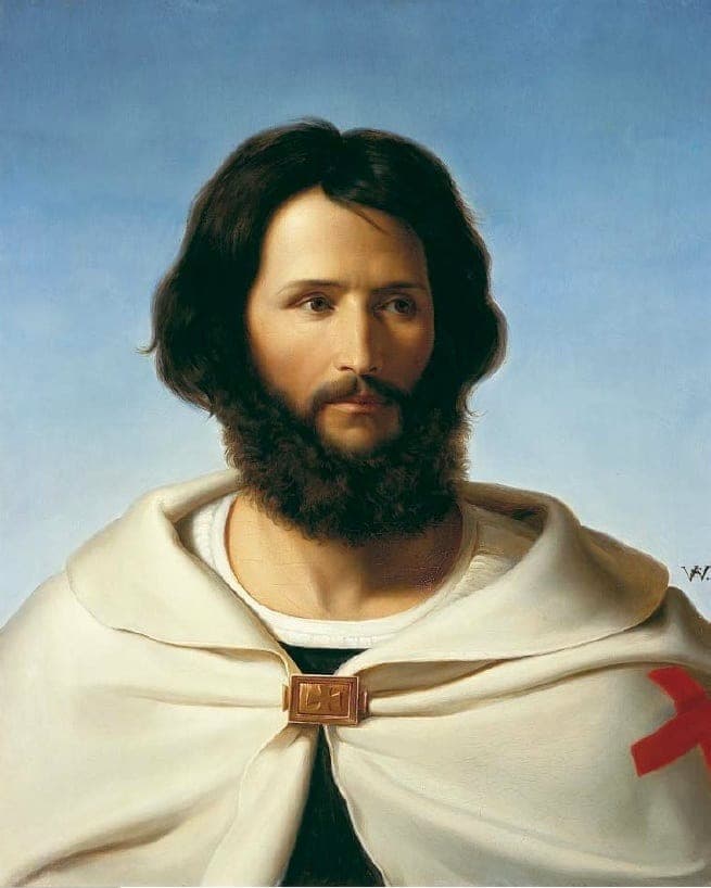 Portrait of a Knight Templar in a white mantle bearing the red cross