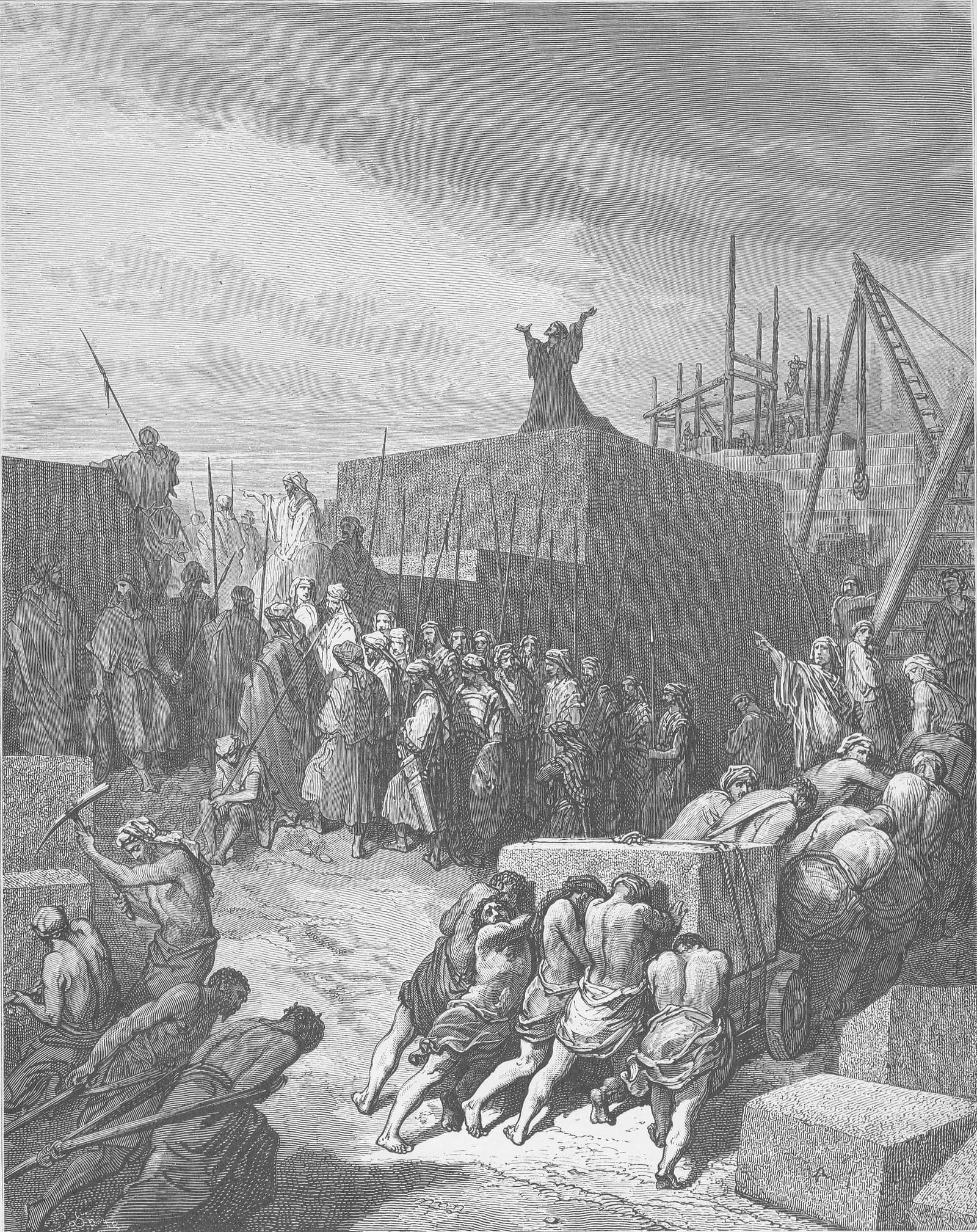 Engraving of workmen and elders gathered as the foundation of the second Temple at Jerusalem is laid